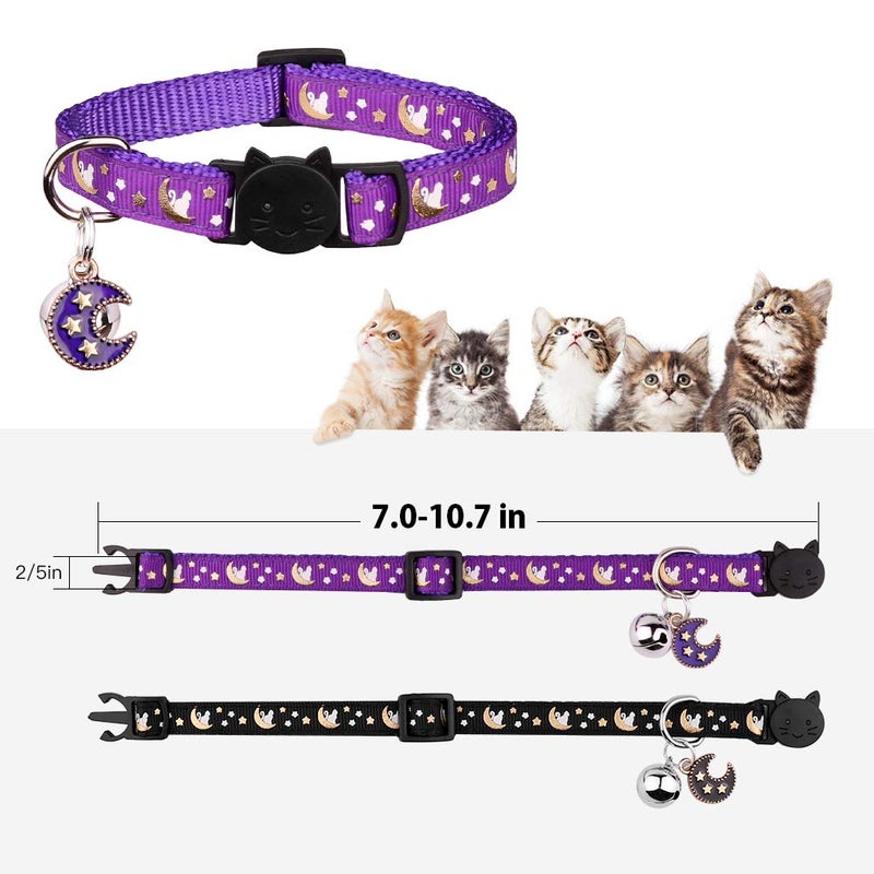 Baeuppit 2Pcs Breakaway Cats Collars Cat Collars for Boy & Girl Cats Moons Adjustable Kitten Collars with Bell & Pendant Glow in The Dark,Purple+Black - Image 3